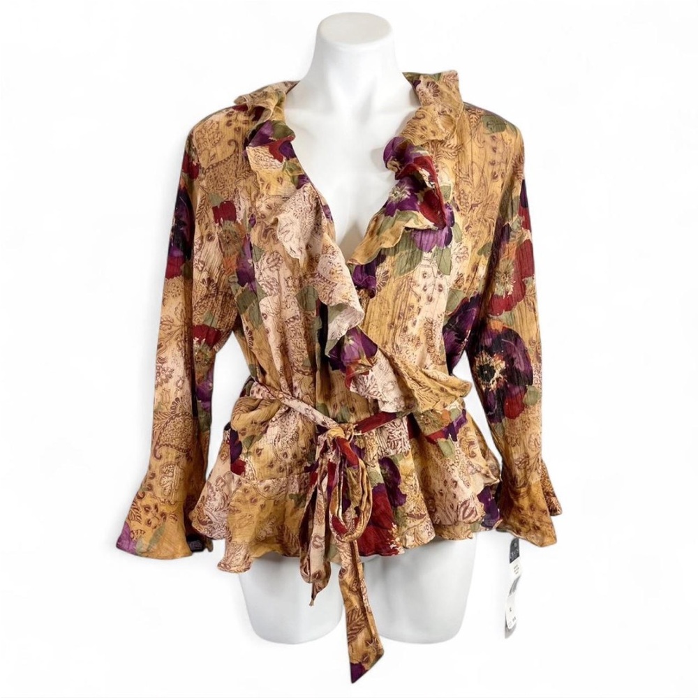 Chaps Tan Floral Ruffle Blouse with Tie Waist Fairy Whimsigoth Boho Women’s XL